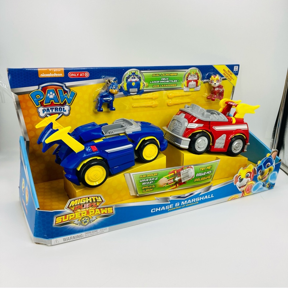 PAW PATROL Mighty Pups Super Paws Chase & Marshall Powered Up Vehicles New